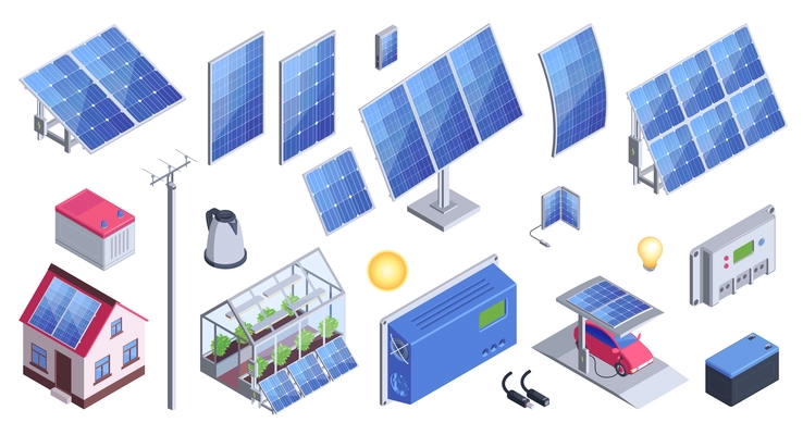 Solar energy equipment set of solar panels ecologically clean battery controller electric car filling station isolated icons vector illustration