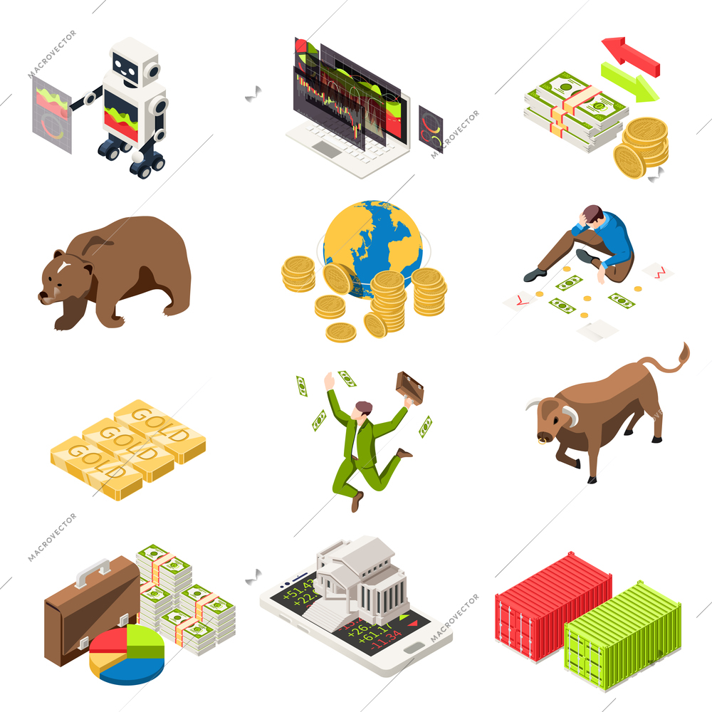 Stock exchange isometric set with building on smartphone banknotes happy broker bull bear market symbols vector illustration