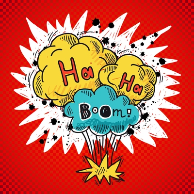 Comic speech bubble colored sketch poster with bomb explosion elements vector illustration