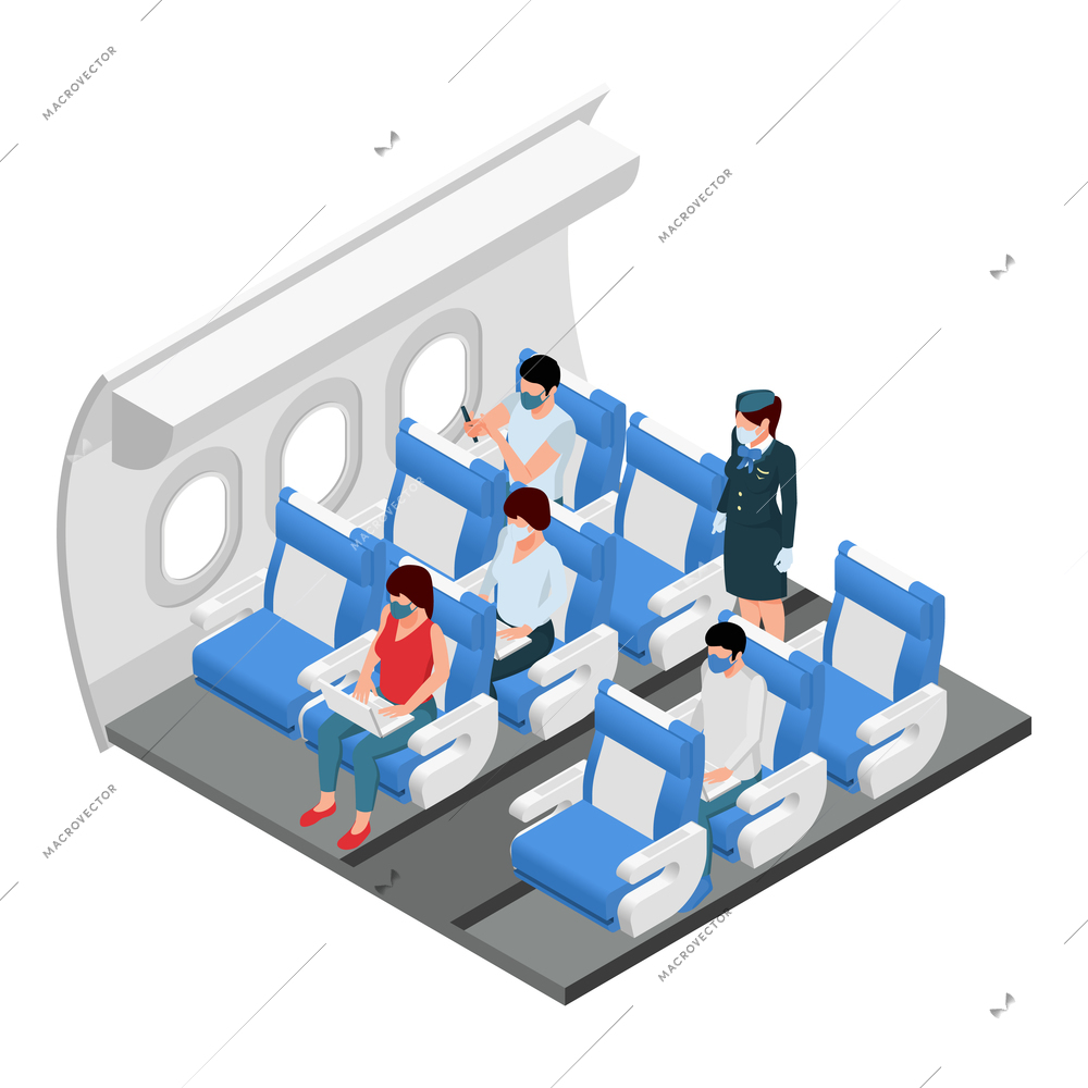 Airplane travel class section interior isometric view with passengers in their seats standing flight attendant vector illustration