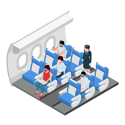 Airplane travel class section interior isometric view with passengers in their seats standing flight attendant vector illustration