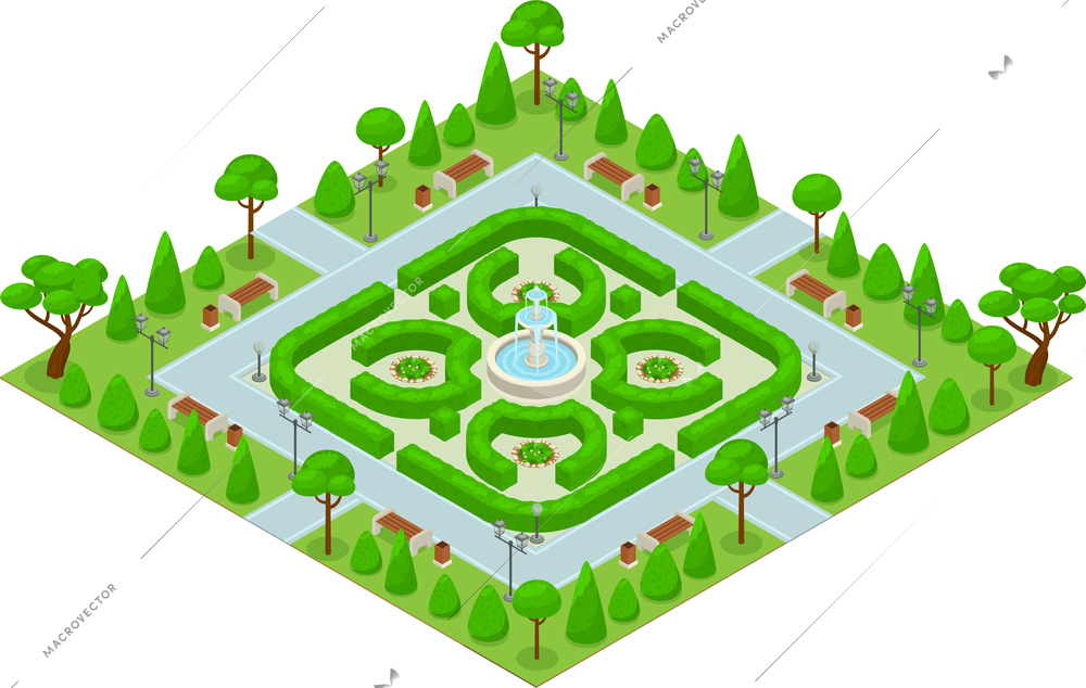 Isometric colored landscape design park concept mini park with green bushes and a large fountain in the center vector illustration