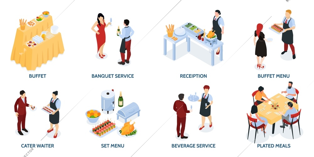 Banket reception buffet service food stations appetizers grilled meat salads wine waiters attendees isometric compositions vector illustration