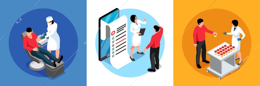 Isometric laboratory diagnostic design concept with three compositions of patients and medical specialists performing various tests vector illustration