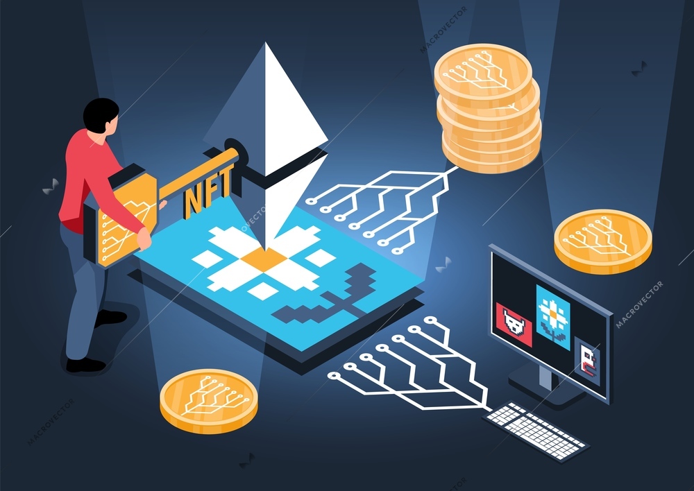 Isometric nft composition with human character holding unique key with high value painting and crypto coins vector illustration