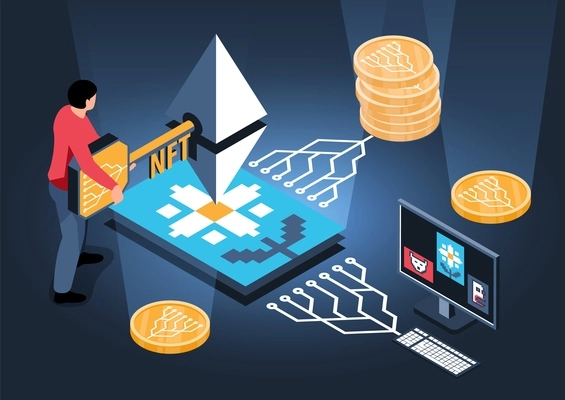 Isometric nft composition with human character holding unique key with high value painting and crypto coins vector illustration