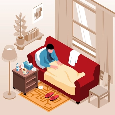 Isometric cold flu composition with home scenery and sick person lying on sofa with medical drugs vector illustration