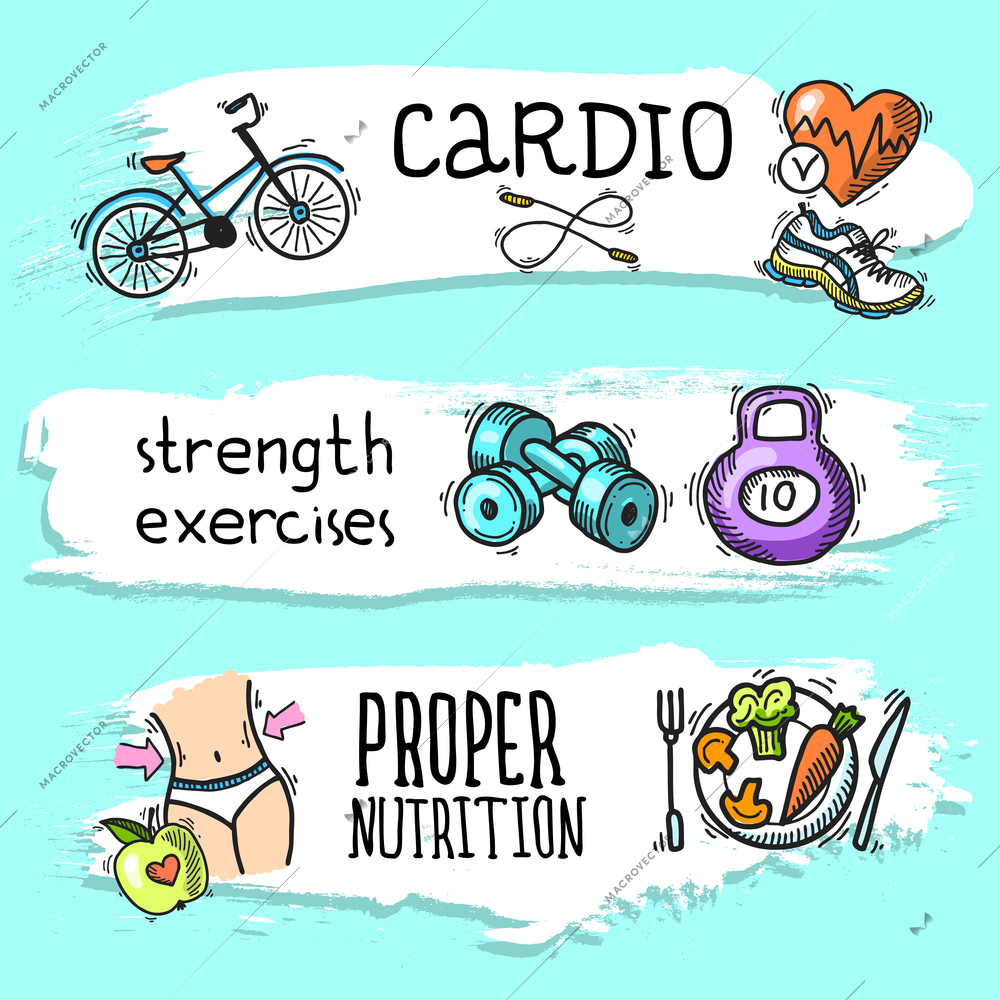 Fitness cardio strength exercises proper nutrition colored sketch horizontal banner set isolated vector illustration