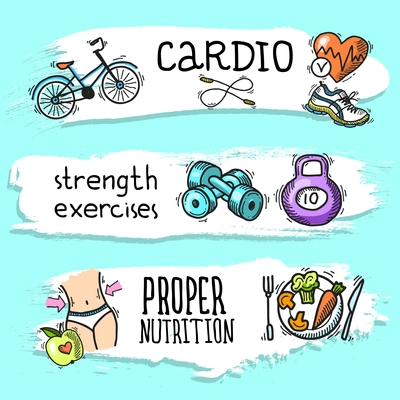 Fitness cardio strength exercises proper nutrition colored sketch horizontal banner set isolated vector illustration