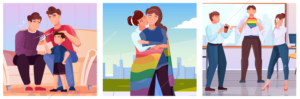 Lgbt three flat illustrations with kissing girls group of young people with lgbt symbol and family with child isolated vector illustration