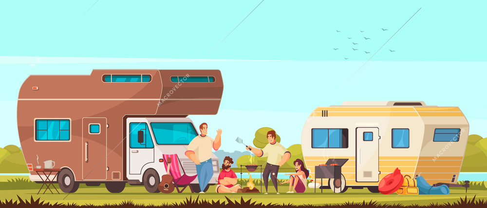 Camper and travel trailer vacationers families grilling meat barbecuing together in caravan park cartoon composition vector illustration