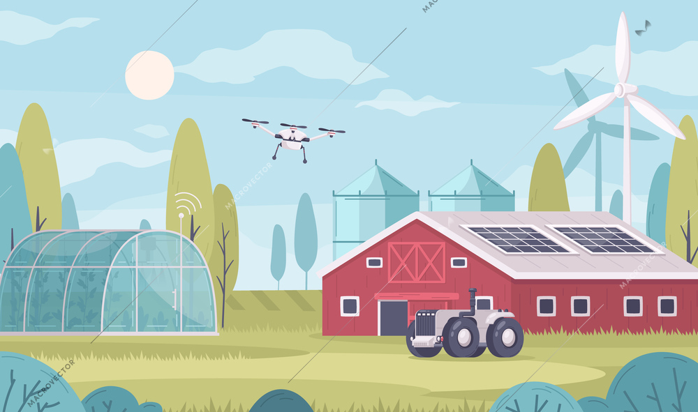 Smart farming cartoon composition of farm outdoor landscape with barn hothouse flying drone and wind turbine vector illustration