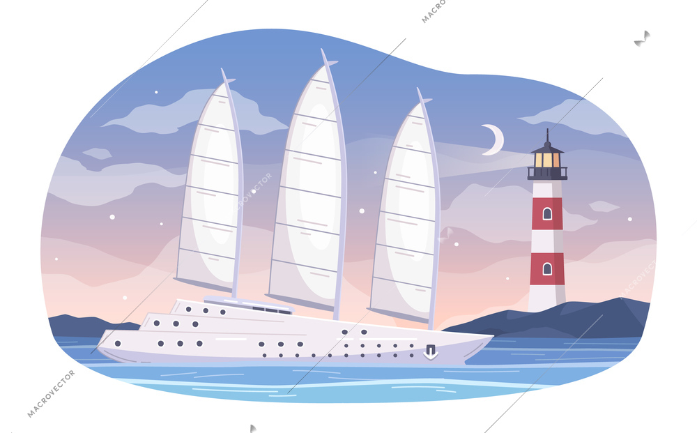 Yachting cartoon composition with evening landscape and yacht sailing through water with view of sea light vector illustration