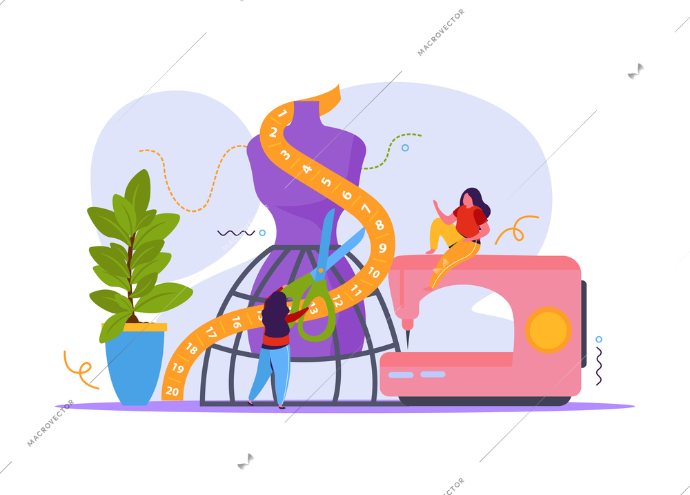 Tailoring flat composition with small female characters among sewing machine and mannequin icons with measuring tape vector illustration