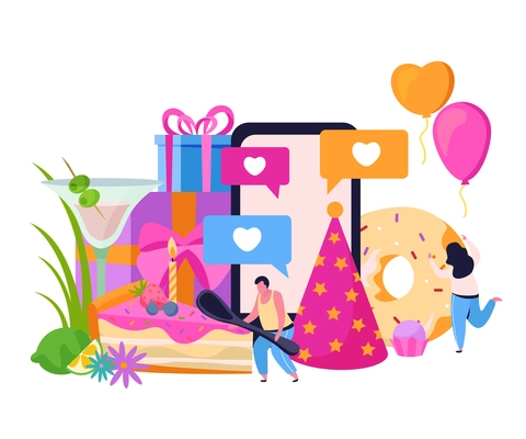 Birthday flat composition with images of festive hat and donut with gift boxes and human characters vector illustration