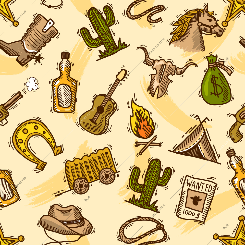 Wild west cowboy colored seamless pattern with guitar cactus bottle vector illustration