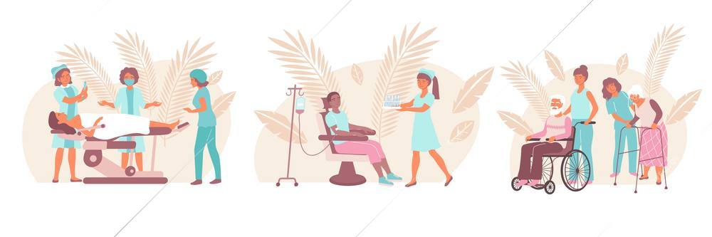 Flat nurse composition set with assisting in rehabilitation, assisting in surgeries and testing from patients vector illustration