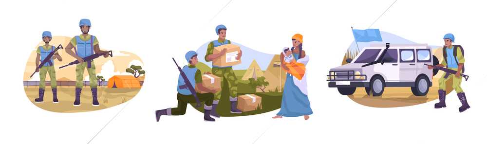 Flat peacekeepers composition set with the military guards the tent camp distributes food to refugees and drives a car with a blue flag vector illustration