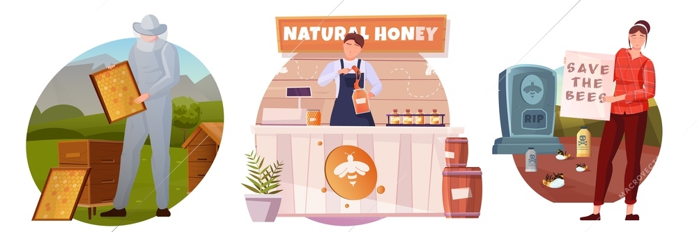 Beekeeping flat compositions with people protecting bees collecting and selling natural honey isolated vector illustration