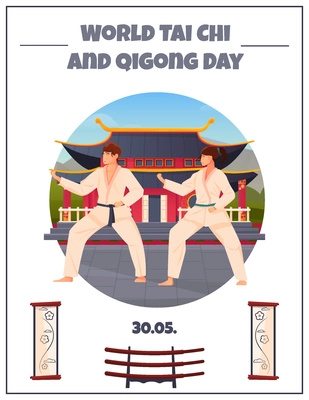 World tai chi and qigong day flat card  with two oriental athletes in kimono at chinese pagoda background vector illustration