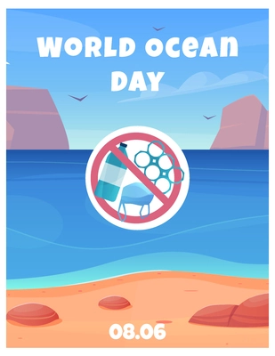 World ocean day card with clean water and beach date and no pollution warning sign flat vector illustration