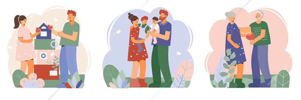 Family compositions set with flat doodle style characters of loving couple parents their kids and grandparents vector illustration