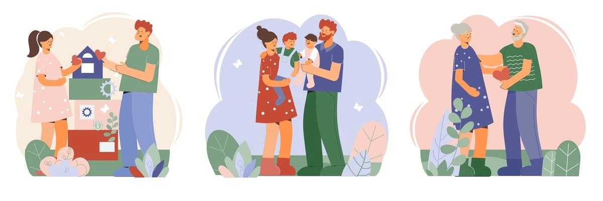 Family compositions set with flat doodle style characters of loving couple parents their kids and grandparents vector illustration