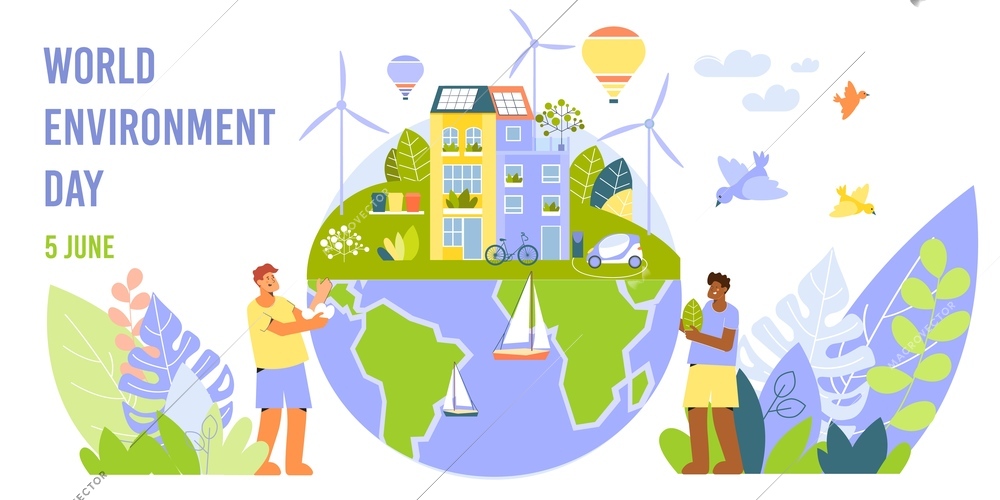 World environment day horizontal banner card with images of alternate energy sources with people and text vector illustration