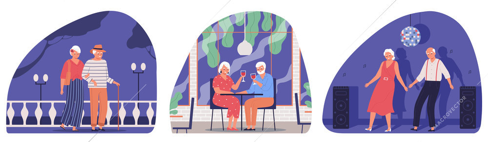 Flat set of compositions with elderly people walking drinking wine and dancing at party isolated vector illustration