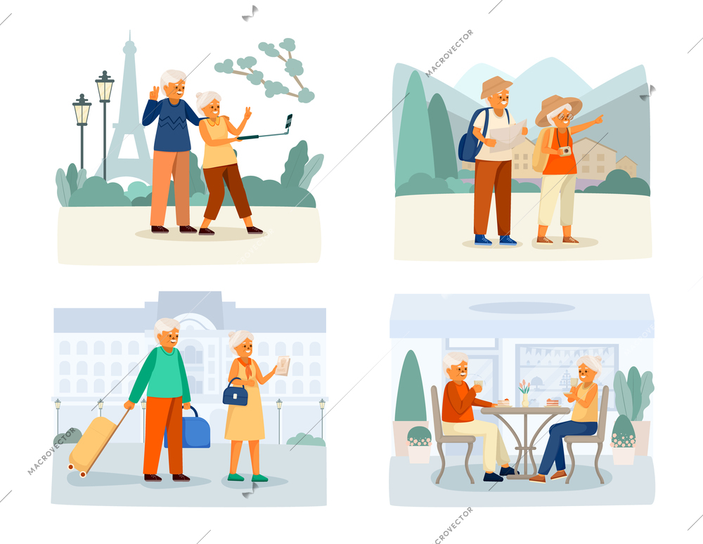 Elderly people happy life cartoon icon set with a couple taking selfies going on vacation walking around the sights vector illustration