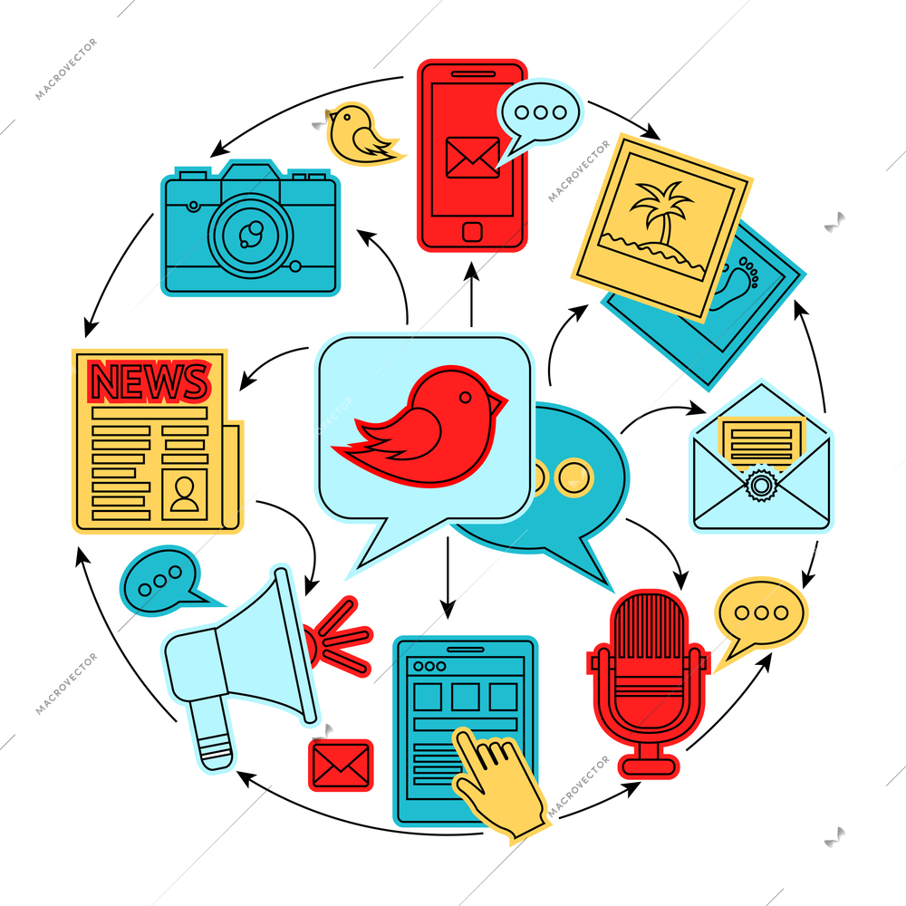 Media news social communication flat line icons set composition concept vector illustration