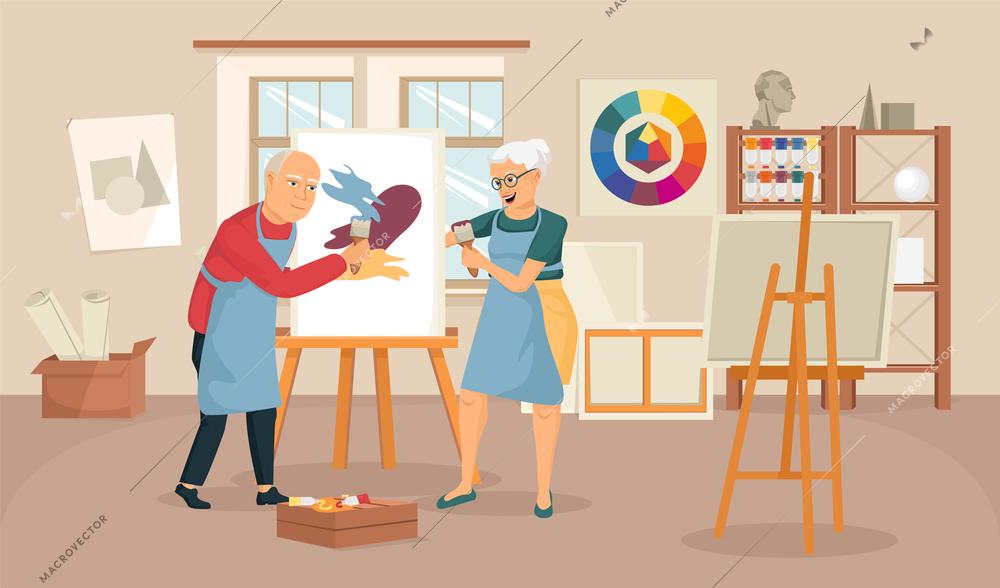 Elderly people artist composition with indoor scenery of painting studio with drawing easel and doodle people vector illustration