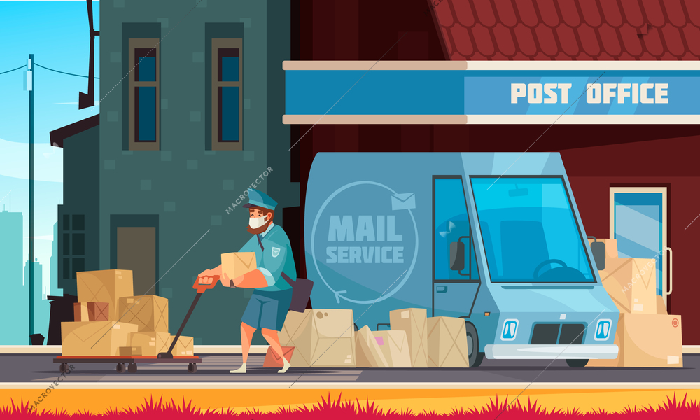 Mail service vehicle in front of post office entrance postman pulling cart with parcels cartoon vector illustration