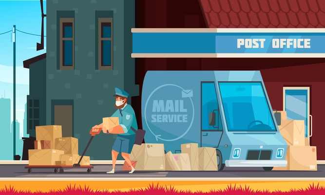 Mail service vehicle in front of post office entrance postman pulling cart with parcels cartoon vector illustration