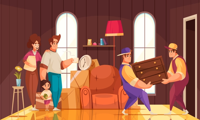 New house room interior cartoon composition with family watching moving company packers carrying furniture belongings vector illustration