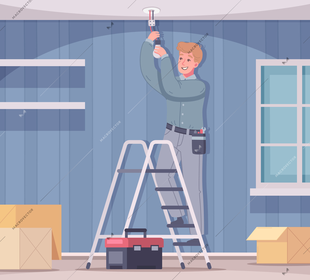 Electrician cartoon composition with home living room scenery and handyman standing on ladder changing power lines vector illustration