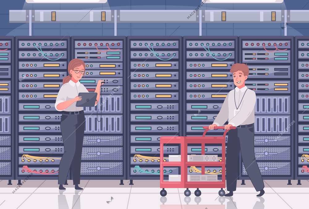 Datacenter cartoon composition with indoor view of room with rows of server cabinets and human workers vector illustration