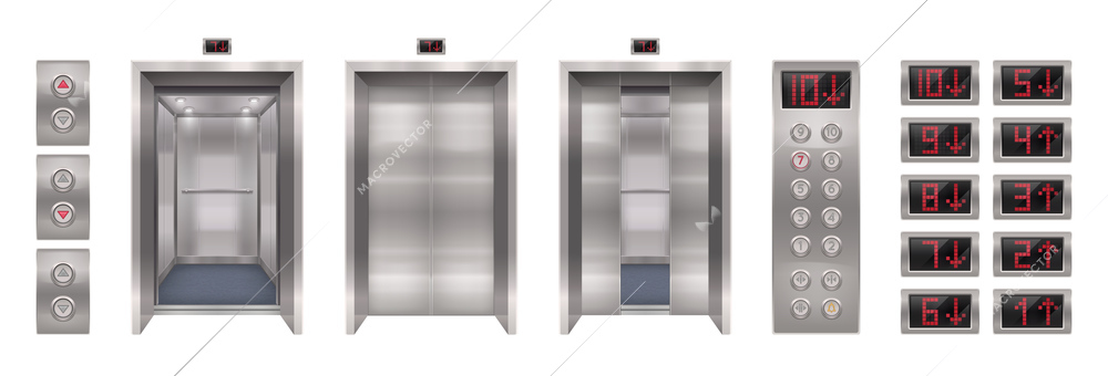 Elevator door set with realistic images of automatic doors with buttons panel and screens with digits vector illustration