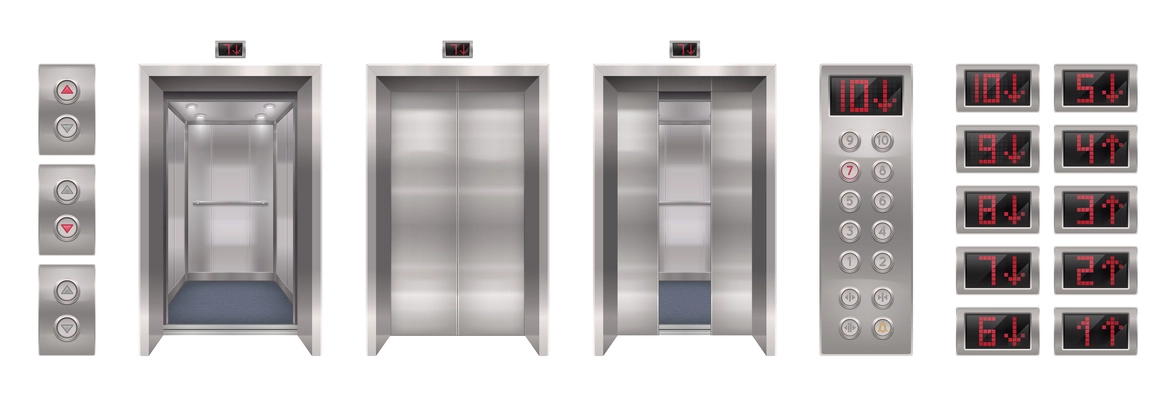 Elevator door set with realistic images of automatic doors with buttons panel and screens with digits vector illustration