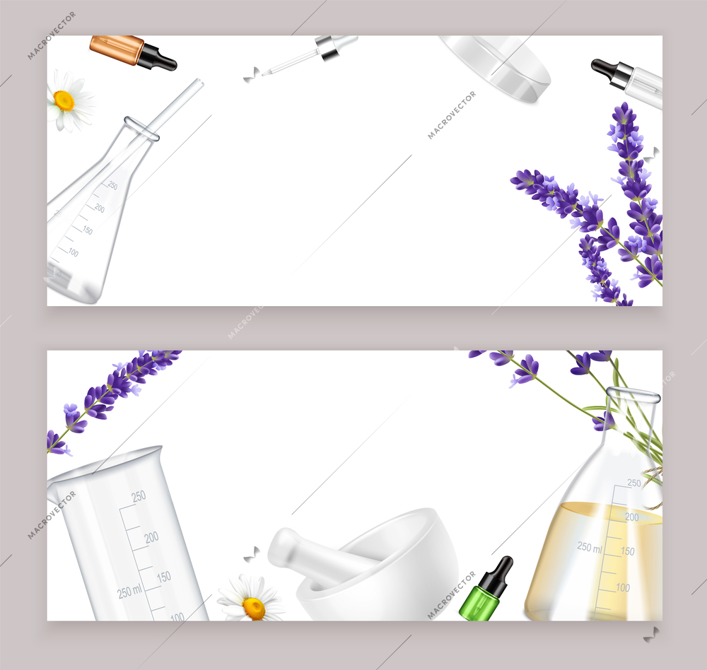 Realistic horizontal banners with tools and flowers for making essential oil for aromatherapy isolated vector illustration