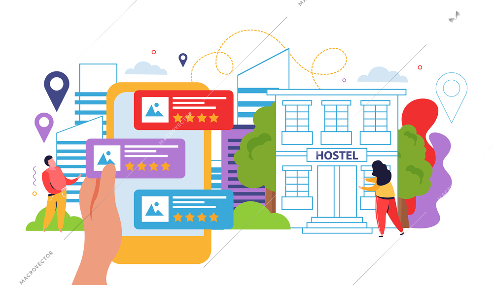Hostel and tourists flat design concept with people booking hotel via mobile app vector illustration