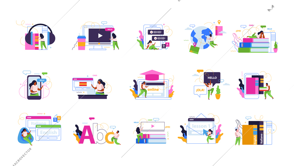 Language school flat recolor set of people with dialogue speech bubbles communicating by net isolated vector illustration