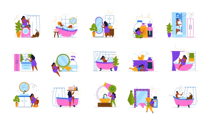 Spa therapy at home flat icons set of people taking bubble bath isolated vector illustration