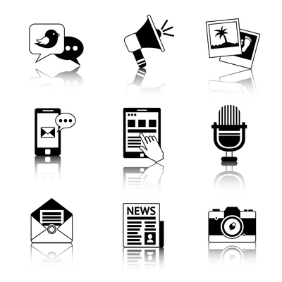 Media news social communication black and white icons set with newspaper mail envelope microphone isolated vector illustration