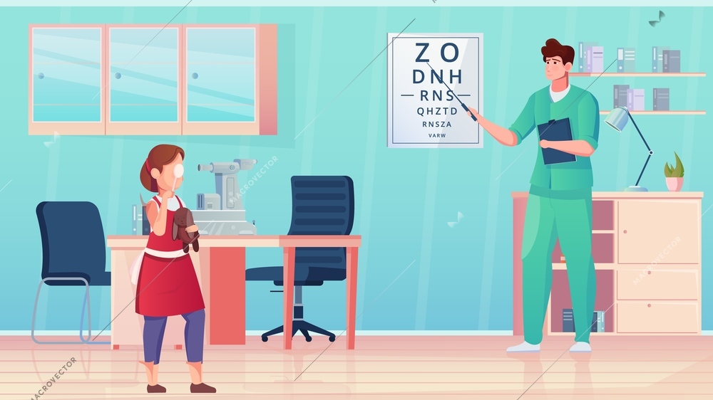 A girl in an ophthalmologists office conducts an eye examination flat vector illustration