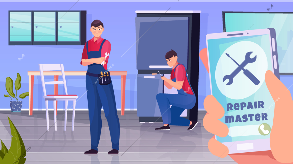 Home repairmen workflow in the background and a large smartphone in the foreground flat vector illustration