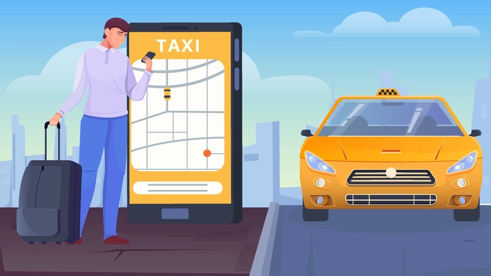 A man with bags orders a taxi through the app flat vector illustration