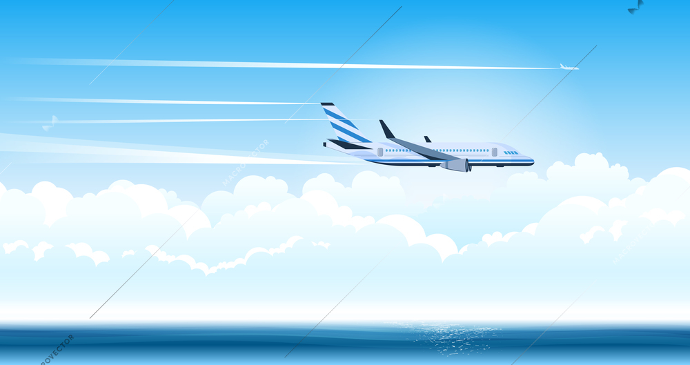 An air plane flying in the clouds leaves a trace in the sky flat vector illustration