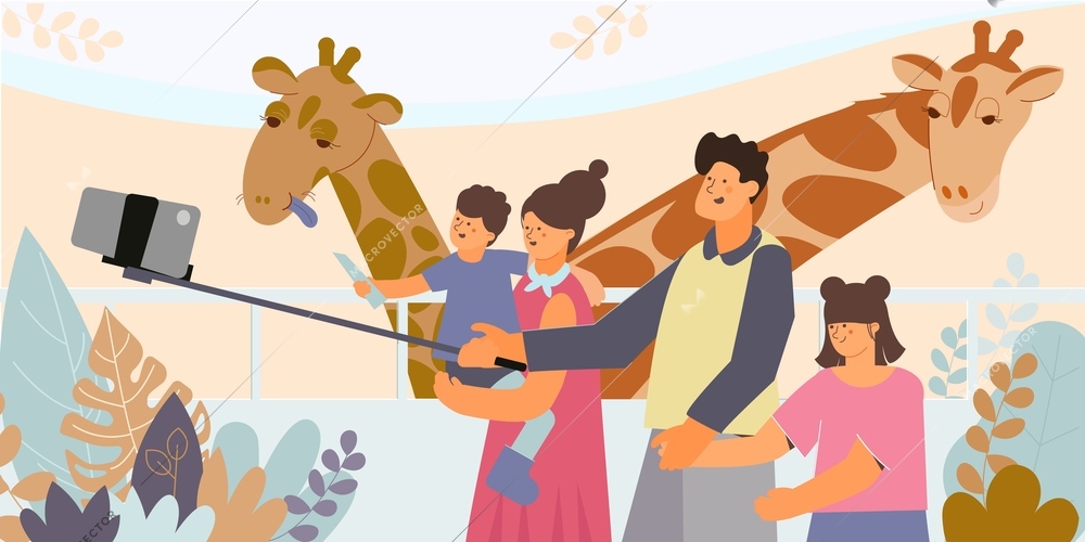 Family is photographed on a selfie stick with giraffes in the zoo flat vector illustration