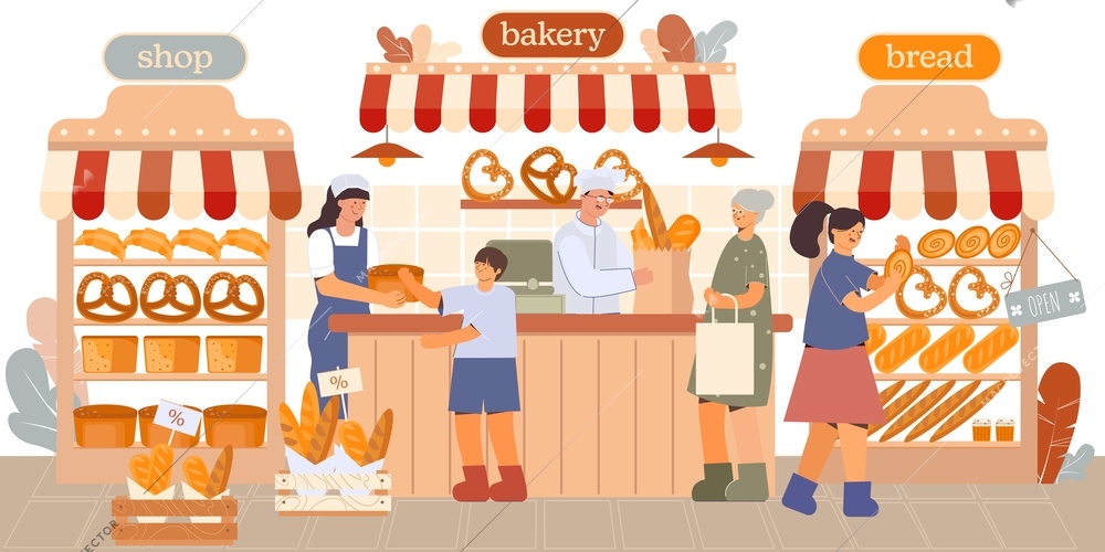 Satisfied customers in the bakery shop and an abundance of assortment flat vector illustration